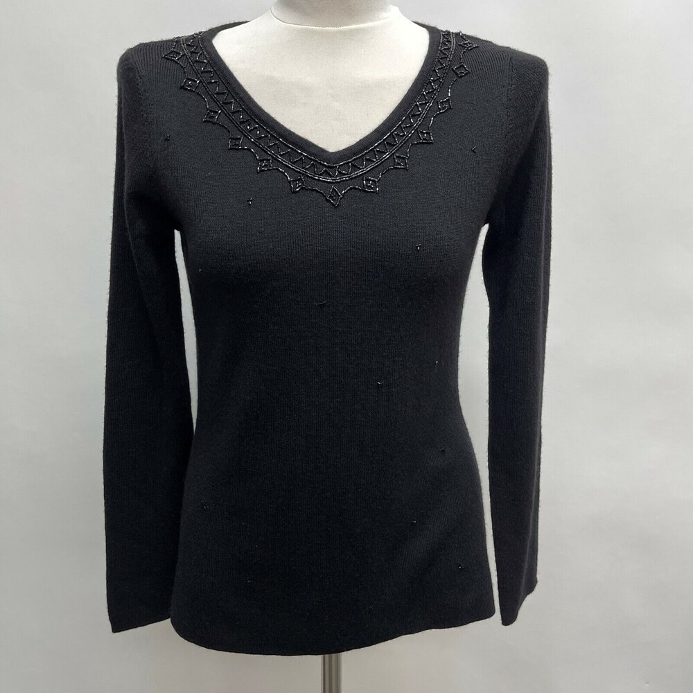 Liz Claiborne Women's Sweater Small Black‎ Beaded Wool Blend